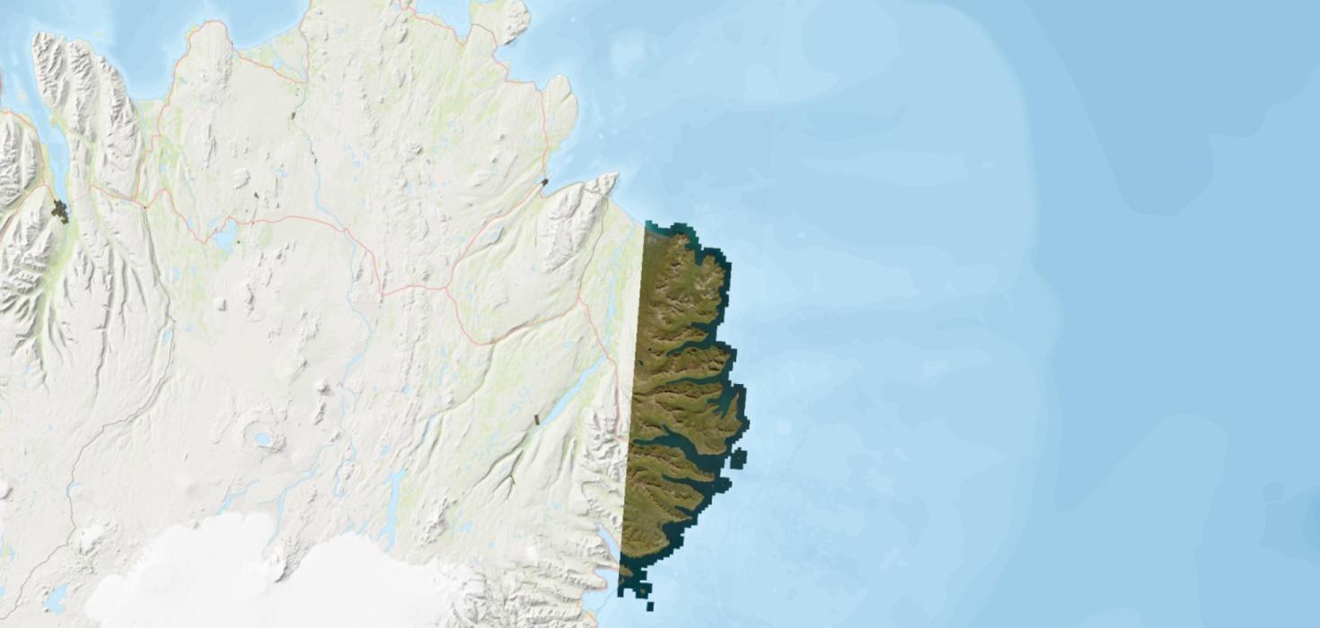 Yfirlitsmynd sem sýnir loftmyndir sem teknar voru á Austfjörðum í ágúst 2025