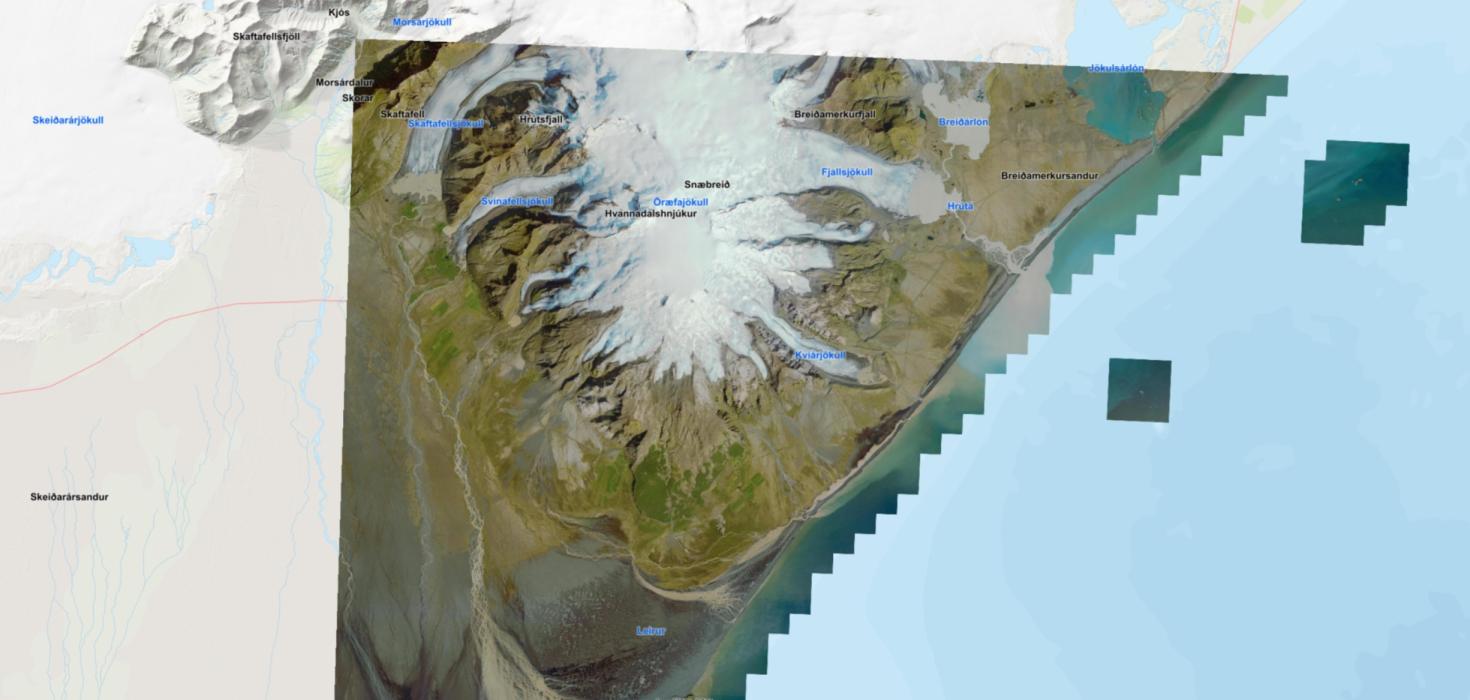 Samsett loftmynd af Öræfajökli, myndir voru teknar í ágúst 2025