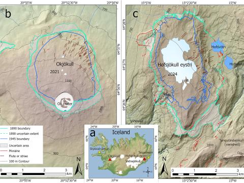 Kort sem sýnir staðsetningu Okjökuls og Hofsjökuls eystri og mörk jöklanna árin 1890, 1945 og 2024.