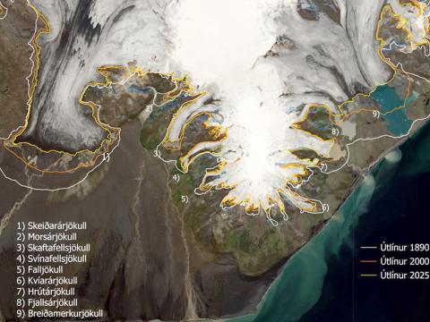 Útlínur Vatnajökuls á mismunandi tíma og sporðamælingar fyrir valda skriðjökla Vatnajökuls.