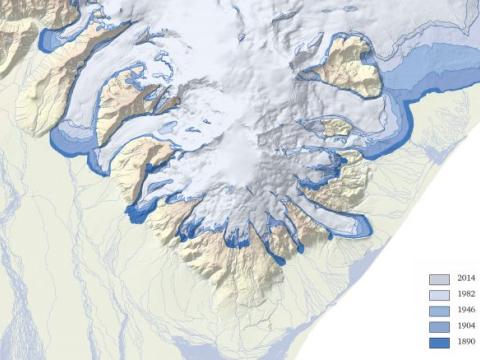  Kortið sýnir útlínur jökla frá árinu 1890 til 2014.