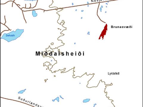 Kort af brunasvæðinu á Miðdalsheiði