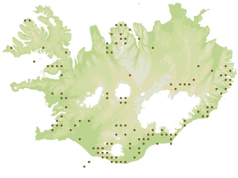 Hrossafluga (Tipula rufina) - fundarstaðir samkvæmt eintökum í safni Náttúrufræðistofnunar Íslands