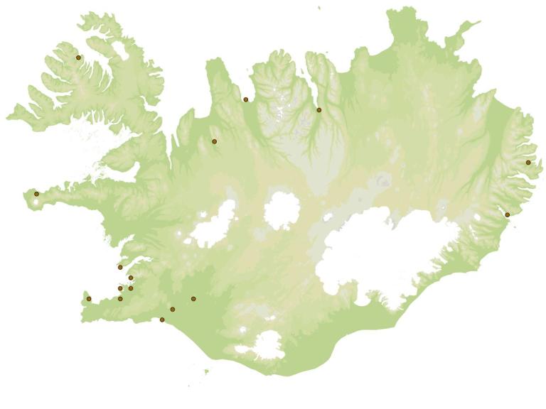 Hnetuglæða (Plodia interpunctella) - fundarstaðir samkvæmt eintökum í safni Náttúrufræðistofnunar Íslands