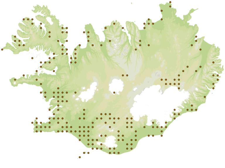 Járnsmiður (Nebria rufescens) - fundarstaðir samkvæmt eintökum í safni Náttúrufræðistofnunar Íslands