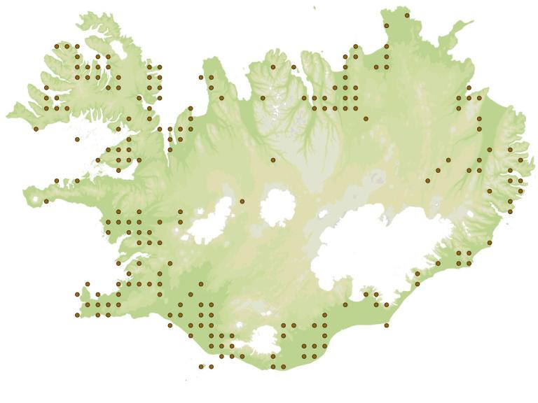 Kragasmiður (Calathus melanocephalus) - fundarstaðir samkvæmt eintökum í safni Náttúrufræðistofnunar Íslands