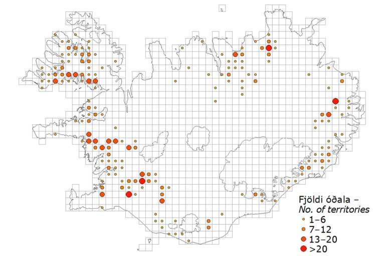 Músarrindill: útbreiðsla og reiknaður fjöldi óðala í hverjum 10×10 km reit