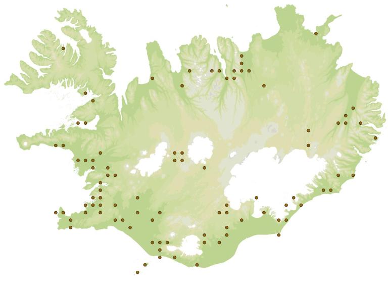 Gistifluga (Helina annosa) - fundarstaðir samkvæmt eintökum í safni Náttúrufræðistofnunar Íslands