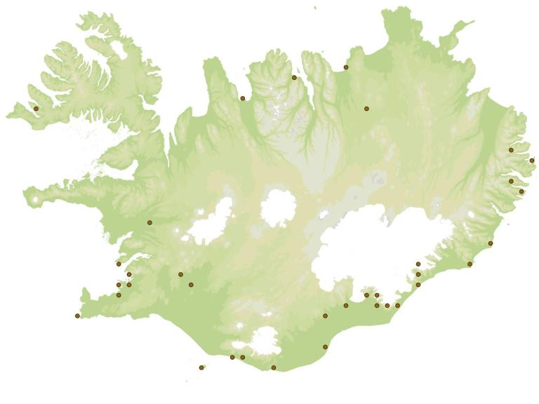 Garðfætla (Lithobius forficatus) - fundarstaðir samkvæmt eintökum í safni Náttúrufræðistofnunar Íslands