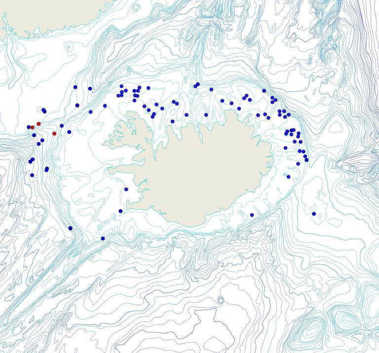 Útbreiðsla /distribution <em>Geodia barretti</em>. (Bioice samples red dots; MFRI samples blue dots) Útbreiðsla /distribution <em>Geodia barretti</em>. (Bioice samples red dots; MFRI samples blue dots)