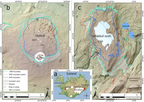 Kort sem sýnir staðsetningu Okjökuls og Hofsjökuls eystri og mörk jöklanna árin 1890, 1945 og 2024.