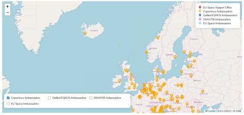 Kort sem sýnir sendiherra Copernicus í Evrópu í júlí 2026