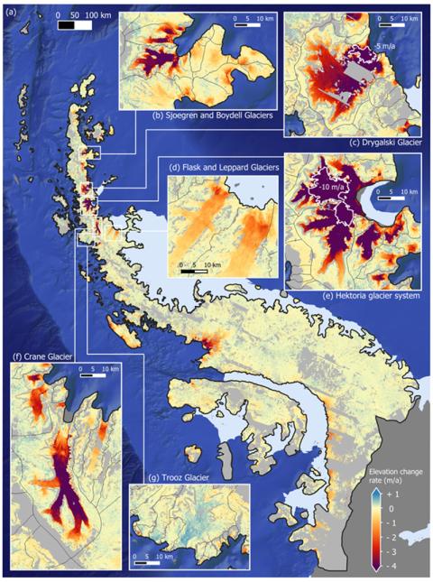 Kort sem sýnir breytingar á hæð jökulyfirborðs á Suðurskautsskaganum á árunum 2007–2021. Innfelldu myndirnar sýna nánar fimm jökulsvæði þar sem breytingarnar voru skoðaðar sérstaklega. 